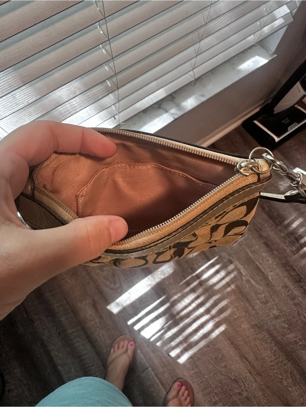 Coach Brown Signature Canvas Wristlet with Metallic Trim